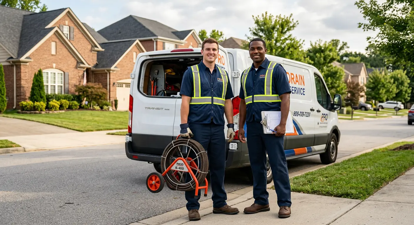 Sewer and drain service team with equipment ready for work in Brownville