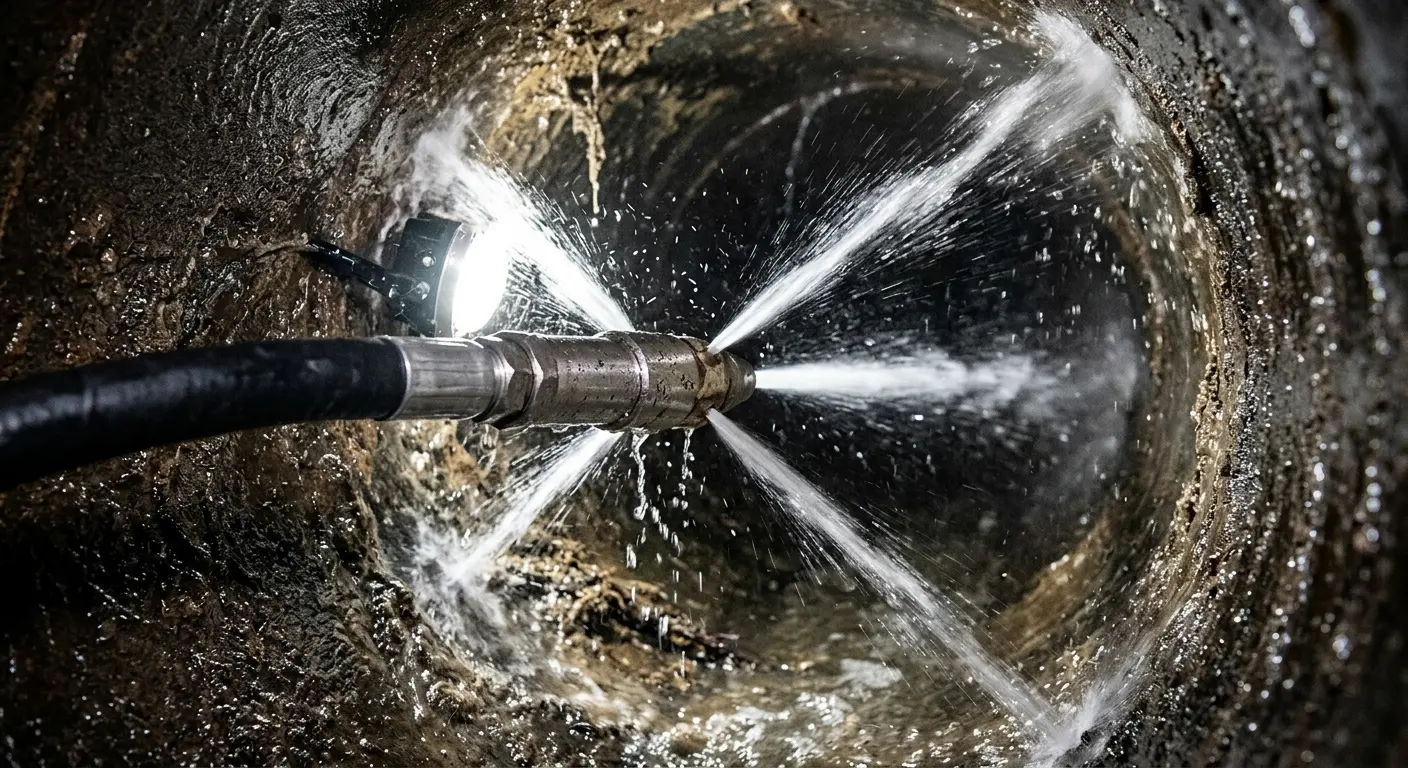 High-pressure hydro jetting nozzle cleaning sewer pipe for Trenchless Sewer Repair in Brownville