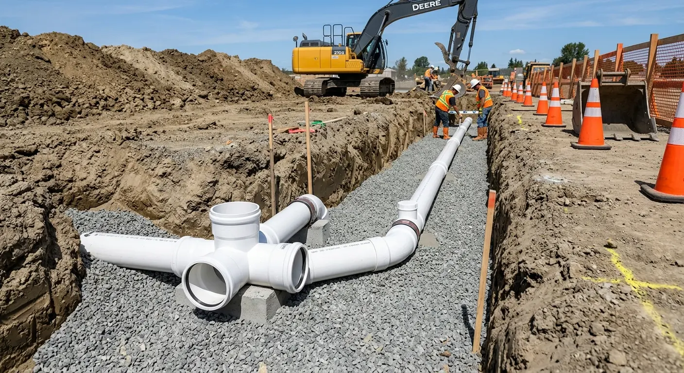 New PVC sewer pipe installation in open trench for Grease Trap Cleaning in Brownville