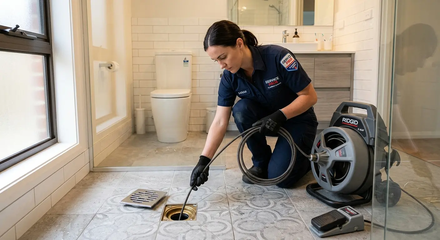 Technician clearing a bathroom floor drain for Drain Cleaning in Brownville